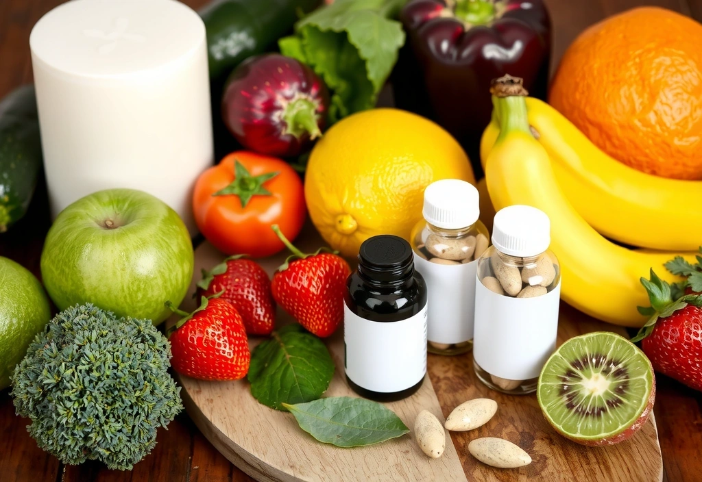 Vibrant fruits and vegetables alongside herbal supplements, representing natural immunity boosting.