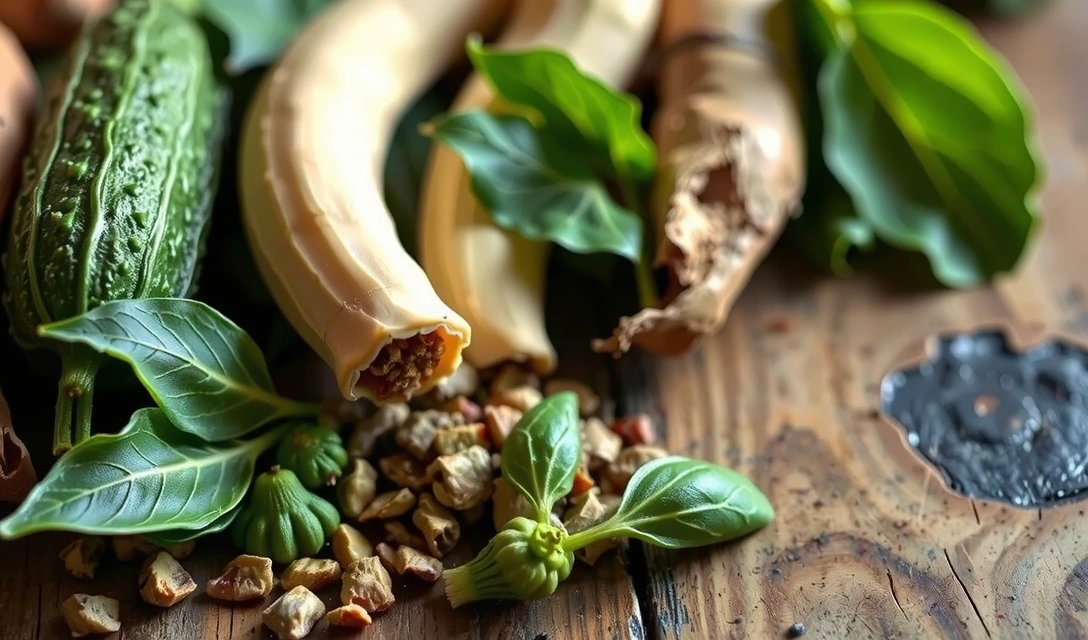 Close-up of various natural ingredients and herbs, symbolizing sourcing
