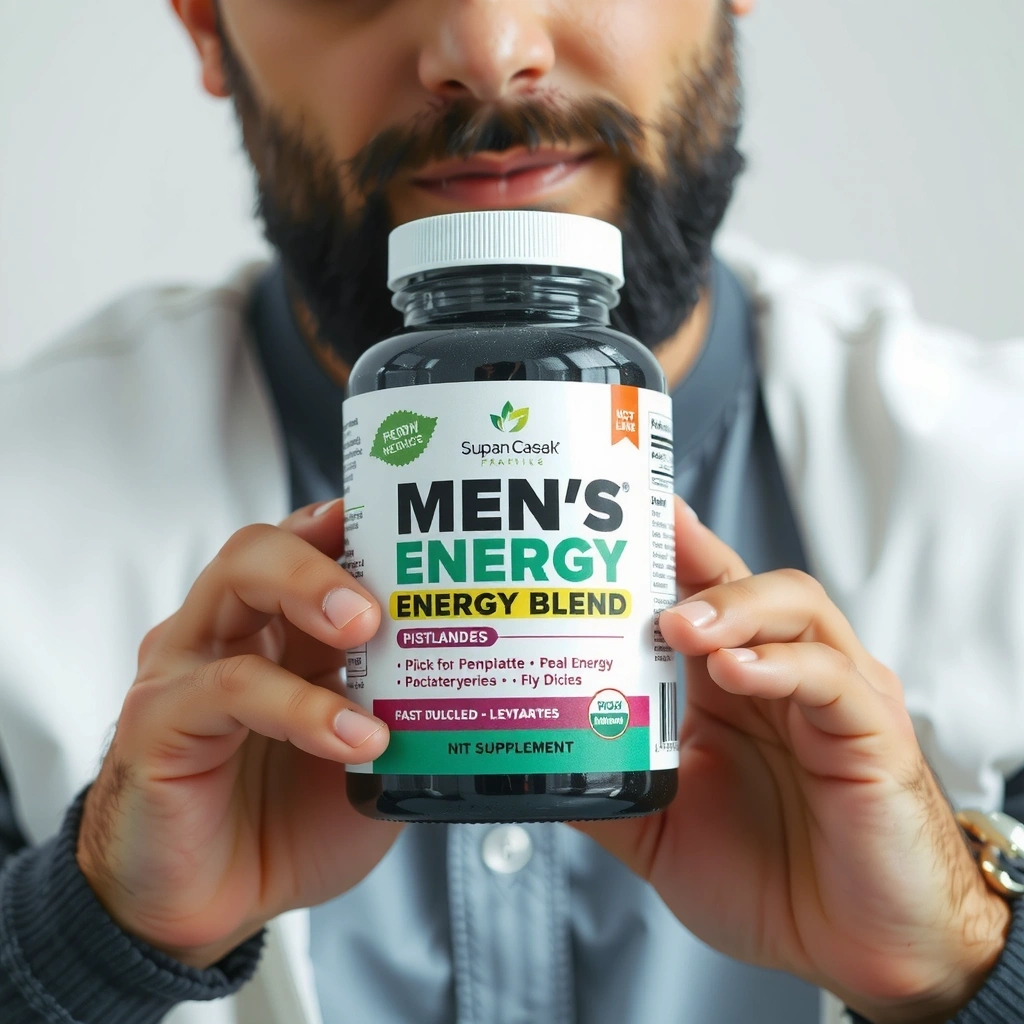 Men's energy blend supplement bottle with a modern design