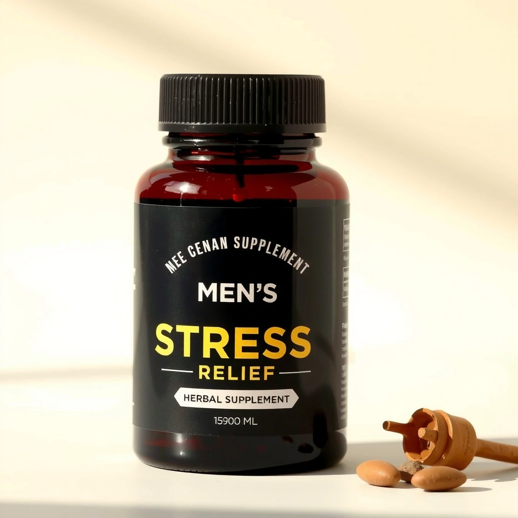 Men's stress relief herbal supplement in a stylish jar