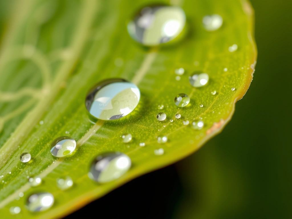 Close-up of pure water droplets on a vibrant green leaf, symbolizing natural purity and freshness.