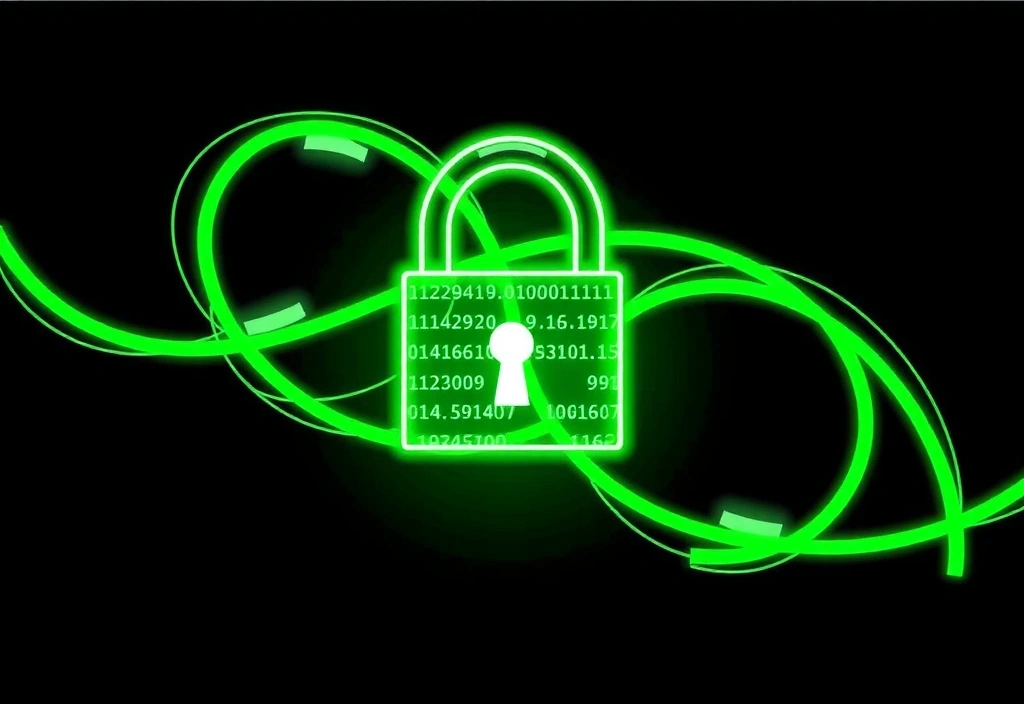 Illustration of a digital lock with data streams flowing securely through it, representing robust data security