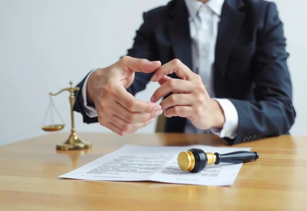 Two hands shaking over a legal document, symbolizing agreement and dispute resolution, with a subtle background of scales of justice.